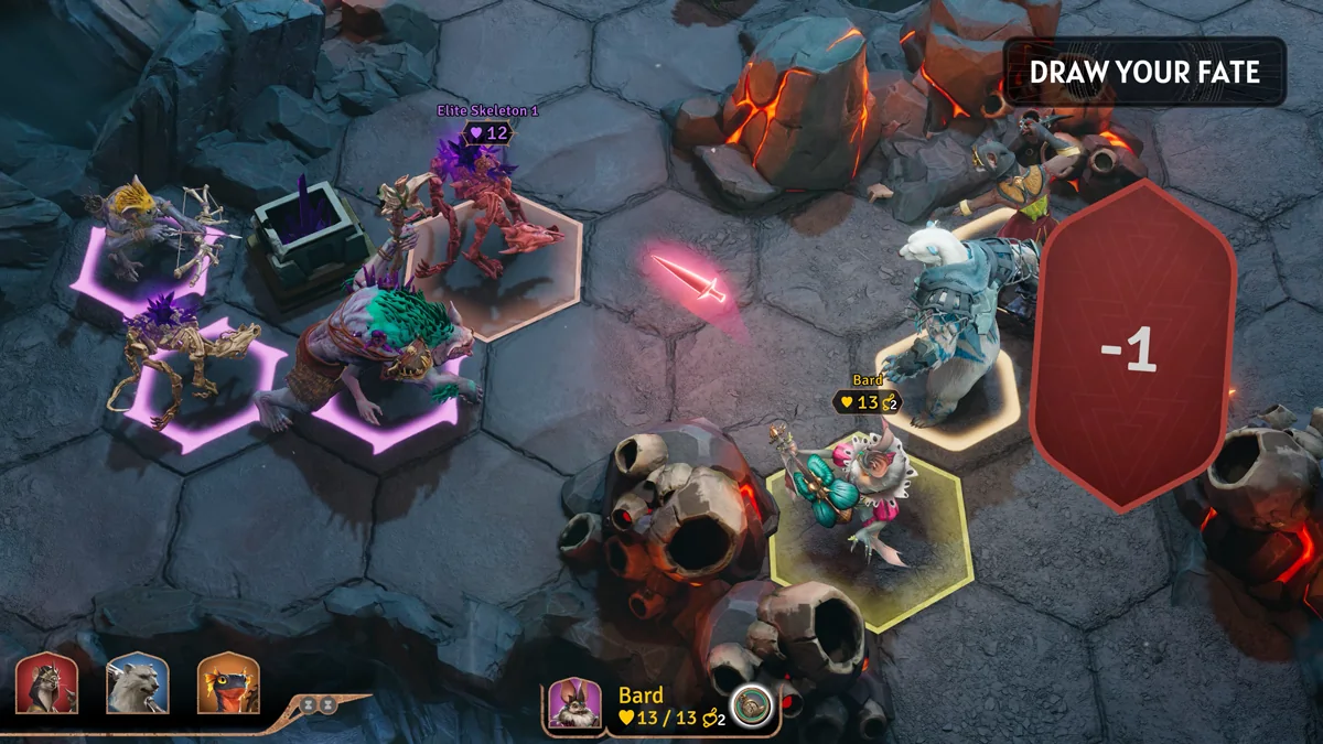 Sunderfolk heroes facing a tactical encounter on a hexagonal battlefield